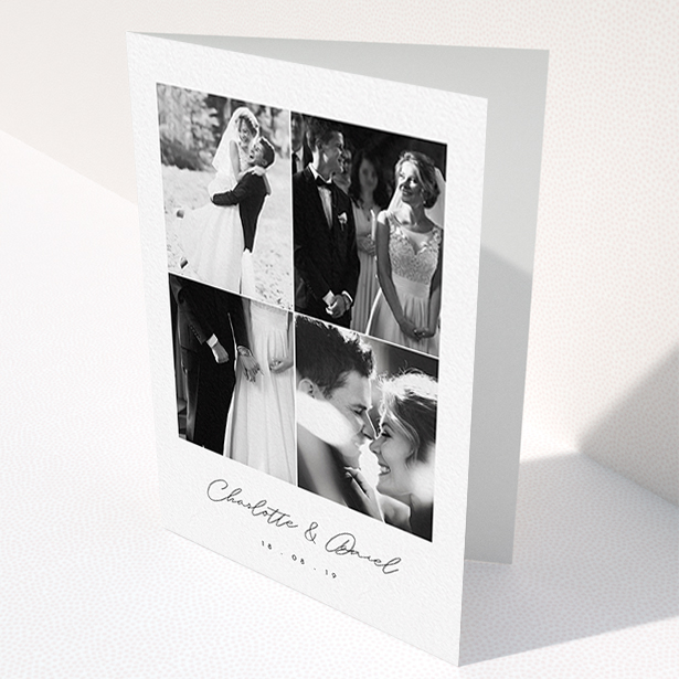 A photo wedding thank you card called "Box Chic". It is an A6 card in a portrait orientation. It is a photographic photo wedding thank you card with room for 3 photos. "Box Chic" is available as a folded card, with tones of black and white.