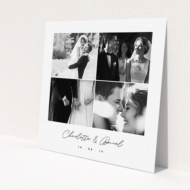 A photo wedding thank you card design called 'Box Chic'. It is a square (148mm x 148mm) card in a square orientation. It is a photographic photo wedding thank you card with room for 3 photos. 'Box Chic' is available as a flat card, with tones of black and white.