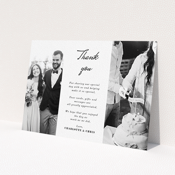 A photo wedding thank you card template titled 'Caught in the middle with you'. It is an A6 card in a landscape orientation. It is a photographic photo wedding thank you card with room for 2 photos. 'Caught in the middle with you' is available as a flat card, with mainly white colouring.