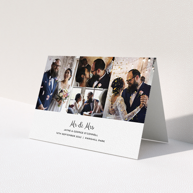 A photo wedding thank you card design called 'Cheek by Jowl'. It is an A6 card in a landscape orientation. It is a photographic photo wedding thank you card with room for 4 photos. 'Cheek by Jowl' is available as a folded card, with mainly white colouring.