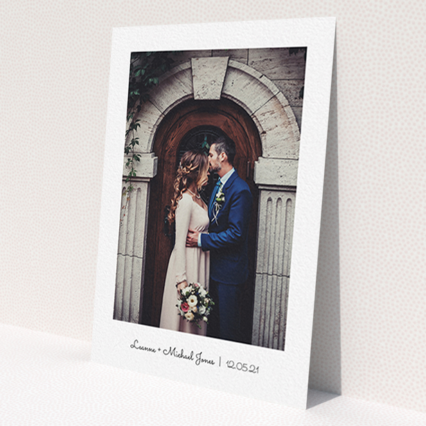 A photo wedding thank you card template titled 'Classic Thank You with Photo'. It is an A6 card in a portrait orientation. It is a photographic photo wedding thank you card with room for 1 photo. 'Classic Thank You with Photo' is available as a flat card, with mainly white colouring.