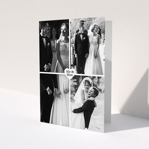 A photo wedding thank you card named 'Monochrome Heart'. It is an A6 card in a portrait orientation. It is a photographic photo wedding thank you card with room for 4 photos. 'Monochrome Heart' is available as a folded card, with mainly white colouring.