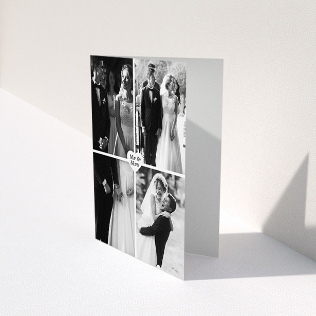 A photo wedding thank you card named "Monochrome Heart". It is an A6 card in a portrait orientation. It is a photographic photo wedding thank you card with room for 4 photos. "Monochrome Heart" is available as a folded card, with mainly white colouring.