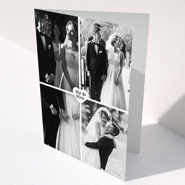 A photo wedding thank you card named "Monochrome Heart". It is an A6 card in a portrait orientation. It is a photographic photo wedding thank you card with room for 4 photos. "Monochrome Heart" is available as a folded card, with mainly white colouring.
