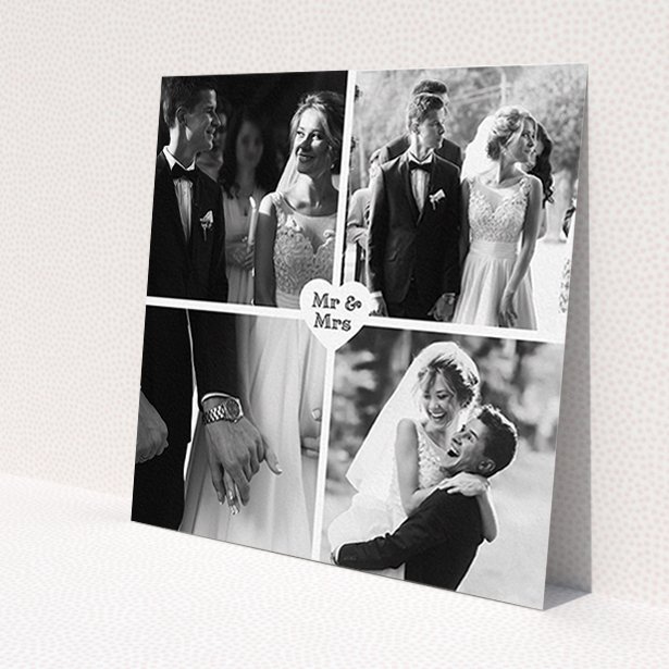 A photo wedding thank you card named 'Monochrome Heart'. It is a square (148mm x 148mm) card in a square orientation. It is a photographic photo wedding thank you card with room for 4 photos. 'Monochrome Heart' is available as a flat card, with mainly white colouring.