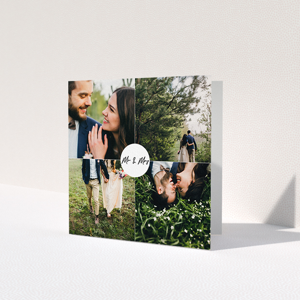 A photo wedding thank you card named 'Mr and Mrs'. It is a square (148mm x 148mm) card in a square orientation. It is a photographic photo wedding thank you card with room for 4 photos. 'Mr and Mrs' is available as a folded card, with mainly white colouring.