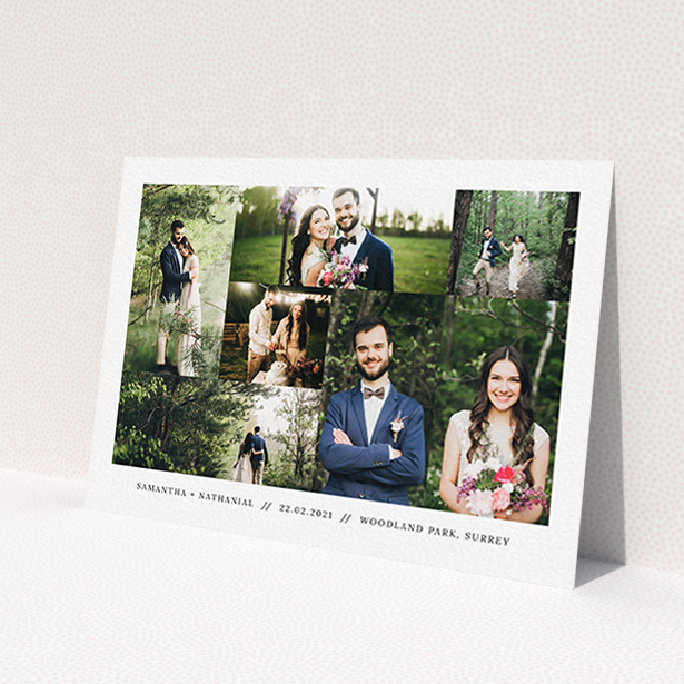 A photo wedding thank you card design named 'No Gap Photo Arrangement'. It is an A6 card in a landscape orientation. It is a photographic photo wedding thank you card with room for 7 photos. 'No Gap Photo Arrangement' is available as a flat card, with mainly white colouring.