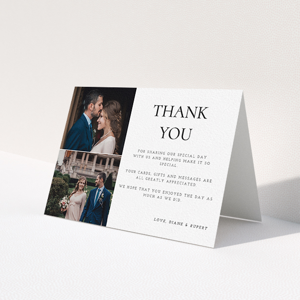 A photo wedding thank you card design named 'On the top'. It is an A6 card in a landscape orientation. It is a photographic photo wedding thank you card with room for 1 photo. 'On the top' is available as a folded card, with tones of black and white.