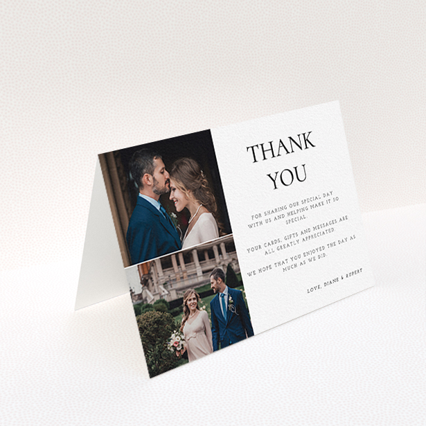 A photo wedding thank you card design named "On the top". It is an A6 card in a landscape orientation. It is a photographic photo wedding thank you card with room for 1 photo. "On the top" is available as a folded card, with tones of black and white.