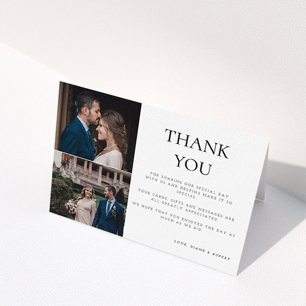 A photo wedding thank you card design named "On the top". It is an A6 card in a landscape orientation. It is a photographic photo wedding thank you card with room for 1 photo. "On the top" is available as a folded card, with tones of black and white.