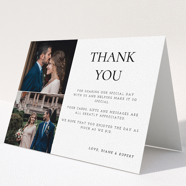 A photo wedding thank you card design named "On the top". It is an A6 card in a landscape orientation. It is a photographic photo wedding thank you card with room for 1 photo. "On the top" is available as a folded card, with tones of black and white.