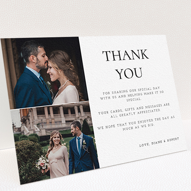 A photo wedding thank you card design named "On the top". It is an A6 card in a landscape orientation. It is a photographic photo wedding thank you card with room for 1 photo. "On the top" is available as a folded card, with tones of black and white.