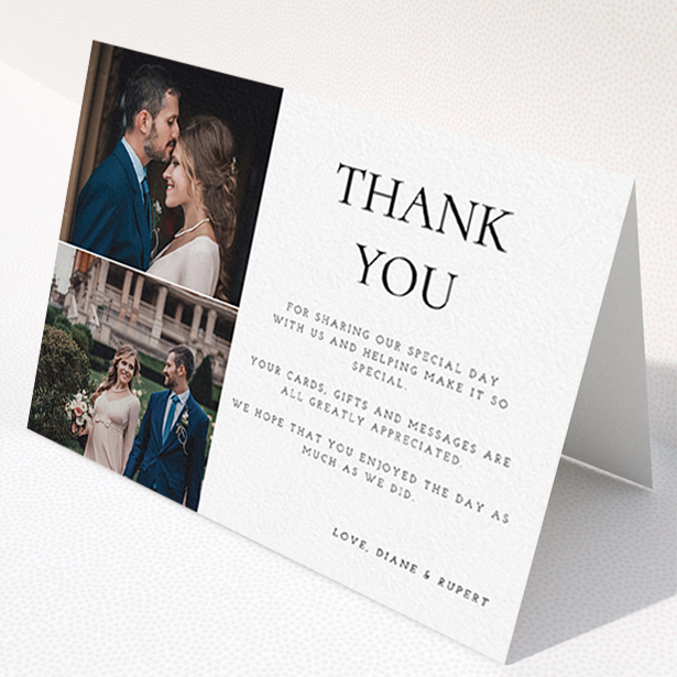 A photo wedding thank you card design named "On the top". It is an A6 card in a landscape orientation. It is a photographic photo wedding thank you card with room for 1 photo. "On the top" is available as a folded card, with tones of black and white.