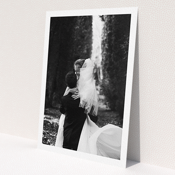 A photo wedding thank you card template titled 'One Photo Thanks'. It is an A6 card in a portrait orientation. It is a photographic photo wedding thank you card with room for 1 photo. 'One Photo Thanks' is available as a flat card.
