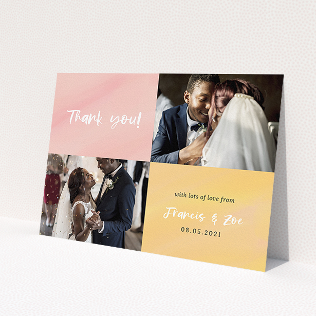 A photo wedding thank you card design titled 'Pastel Watercolours'. It is an A5 card in a landscape orientation. It is a photographic photo wedding thank you card with room for 2 photos. 'Pastel Watercolours' is available as a flat card, with tones of pink and orange.