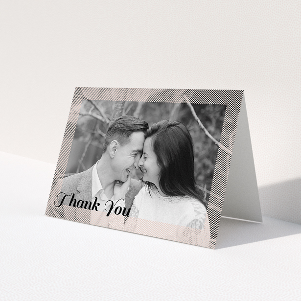 A photo wedding thank you card design titled 'Peach Over-Frame'. It is an A5 card in a landscape orientation. It is a photographic photo wedding thank you card with room for 1 photo. 'Peach Over-Frame' is available as a folded card, with mainly light pink colouring.