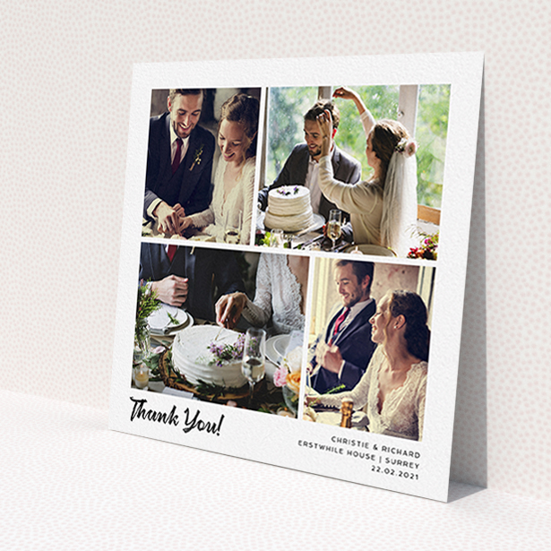 A photo wedding thank you card template titled 'Photo Album Card'. It is a square (148mm x 148mm) card in a square orientation. It is a photographic photo wedding thank you card with room for 5 photos. 'Photo Album Card' is available as a flat card, with mainly white colouring.