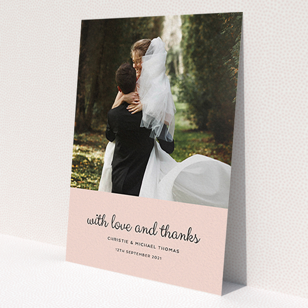 A photo wedding thank you card template titled 'Pink Footer'. It is an A6 card in a portrait orientation. It is a photographic photo wedding thank you card with room for 1 photo. 'Pink Footer' is available as a flat card, with mainly pink colouring.