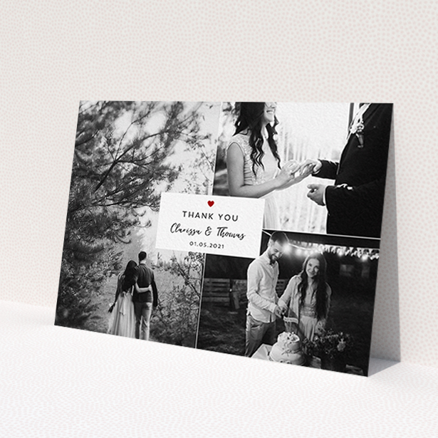 A photo wedding thank you card design titled 'Portrait and Landscapes'. It is an A6 card in a landscape orientation. It is a photographic photo wedding thank you card with room for 3 photos. 'Portrait and Landscapes' is available as a flat card, with tones of white and red.