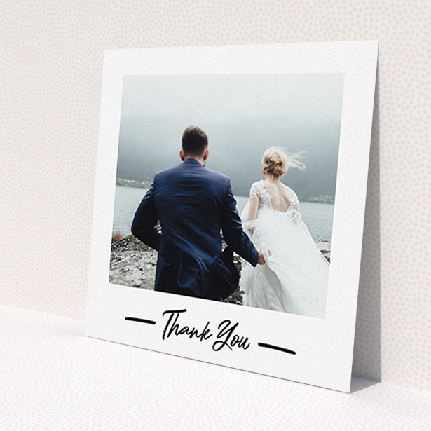 A photo wedding thank you card template titled 'Portrait Thank You Photo'. It is a square (148mm x 148mm) card in a square orientation. It is a photographic photo wedding thank you card with room for 1 photo. 'Portrait Thank You Photo' is available as a flat card, with mainly white colouring.
