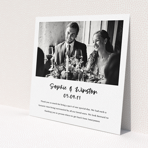A photo wedding thank you card named 'Printed Thank You Message'. It is a square (148mm x 148mm) card in a square orientation. It is a photographic photo wedding thank you card with room for 1 photo. 'Printed Thank You Message' is available as a flat card, with mainly white colouring.