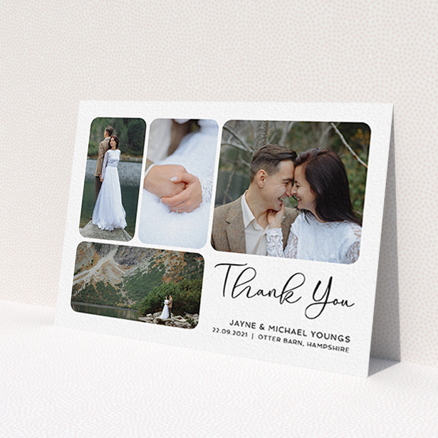A photo wedding thank you card design named 'Rounded 4-photo Arrangement'. It is an A6 card in a landscape orientation. It is a photographic photo wedding thank you card with room for 4 photos. 'Rounded 4-photo Arrangement' is available as a flat card, with mainly white colouring.