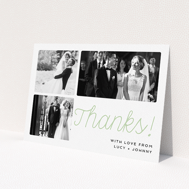 A photo wedding thank you card called 'Rounded Photo Tryptic'. It is an A5 card in a landscape orientation. It is a photographic photo wedding thank you card with room for 3 photos. 'Rounded Photo Tryptic' is available as a flat card, with tones of white and green.