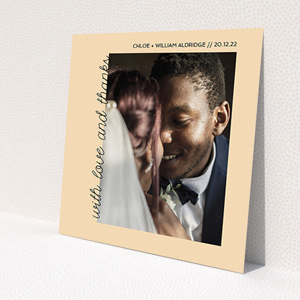 A photo wedding thank you card named 'Rustic Orange Photo Frame'. It is a square (148mm x 148mm) card in a square orientation. It is a photographic photo wedding thank you card with room for 1 photo. 'Rustic Orange Photo Frame' is available as a flat card, with mainly faded orange colouring.