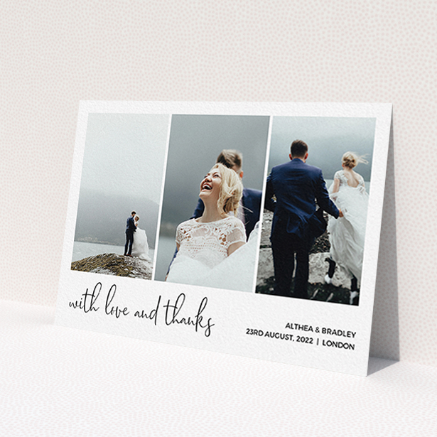 A photo wedding thank you card named 'Script Tryptic'. It is an A6 card in a landscape orientation. It is a photographic photo wedding thank you card with room for 3 photos. 'Script Tryptic' is available as a flat card, with mainly white colouring.