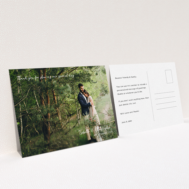 A photo wedding thank you card named "Scripted". It is an A6 card in a landscape orientation. It is a photographic photo wedding thank you card with room for 1 photo. "Scripted" is available as a flat card, with mainly white colouring.