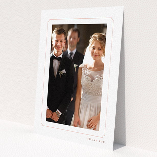 A photo wedding thank you card design named 'Simple fine border'. It is an A6 card in a portrait orientation. It is a photographic photo wedding thank you card with room for 1 photo. 'Simple fine border' is available as a flat card, with tones of white and pink.