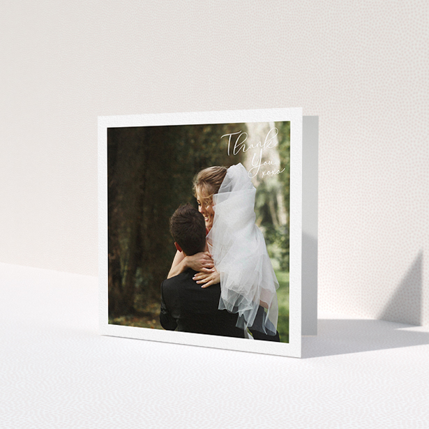 A photo wedding thank you card named 'Simple Landscape Thanks'. It is a square (148mm x 148mm) card in a square orientation. It is a photographic photo wedding thank you card with room for 1 photo. 'Simple Landscape Thanks' is available as a folded card, with mainly white colouring.