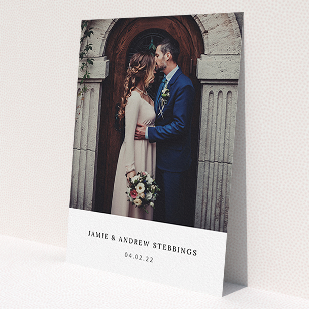 A photo wedding thank you card called 'Simple, Portrait Thank You'. It is an A6 card in a portrait orientation. It is a photographic photo wedding thank you card with room for 1 photo. 'Simple, Portrait Thank You' is available as a flat card, with mainly white colouring.