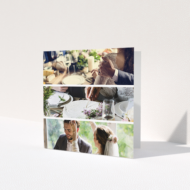 A photo wedding thank you card called 'Split into five'. It is a square (148mm x 148mm) card in a square orientation. It is a photographic photo wedding thank you card with room for 3 photos. 'Split into five' is available as a folded card, with mainly white colouring.