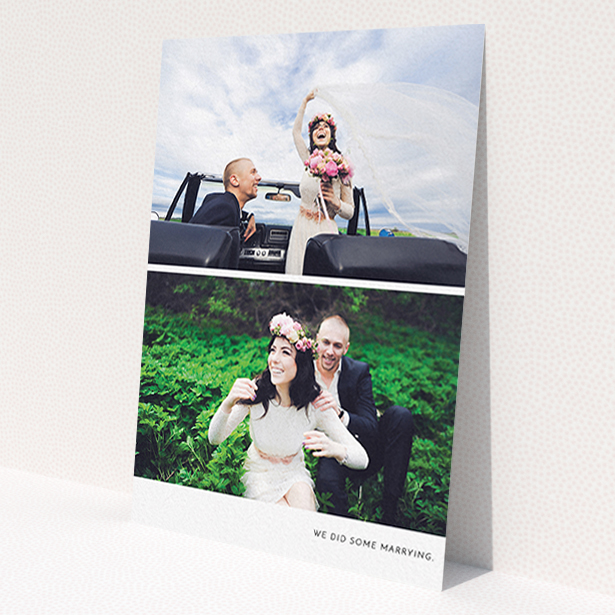A photo wedding thank you card named 'Split into two'. It is an A6 card in a portrait orientation. It is a photographic photo wedding thank you card with room for 2 photos. 'Split into two' is available as a flat card, with mainly white colouring.