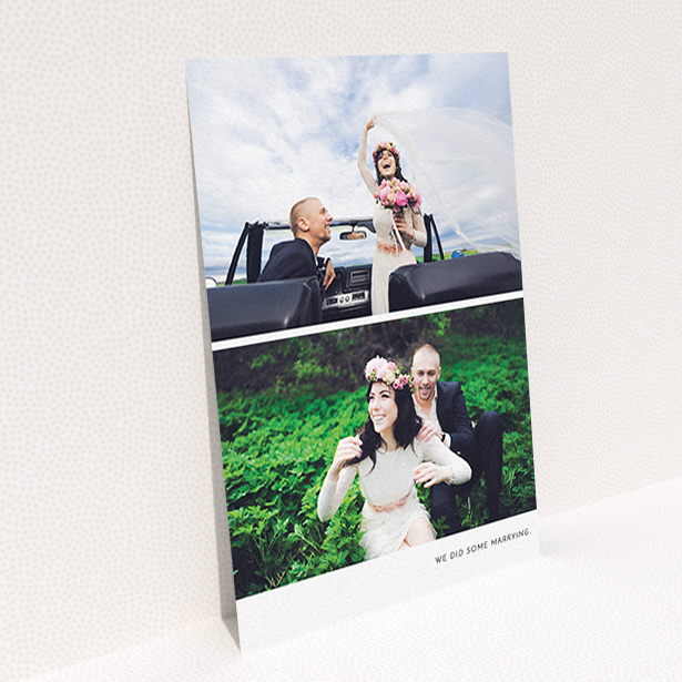 A photo wedding thank you card named "Split into two". It is an A6 card in a portrait orientation. It is a photographic photo wedding thank you card with room for 2 photos. "Split into two" is available as a flat card, with mainly white colouring.