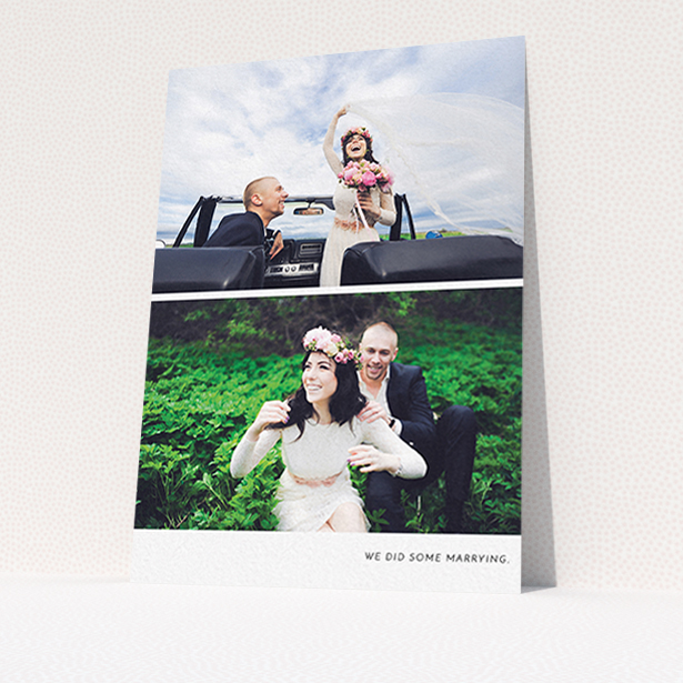 A photo wedding thank you card named "Split into two". It is an A6 card in a portrait orientation. It is a photographic photo wedding thank you card with room for 2 photos. "Split into two" is available as a flat card, with mainly white colouring.