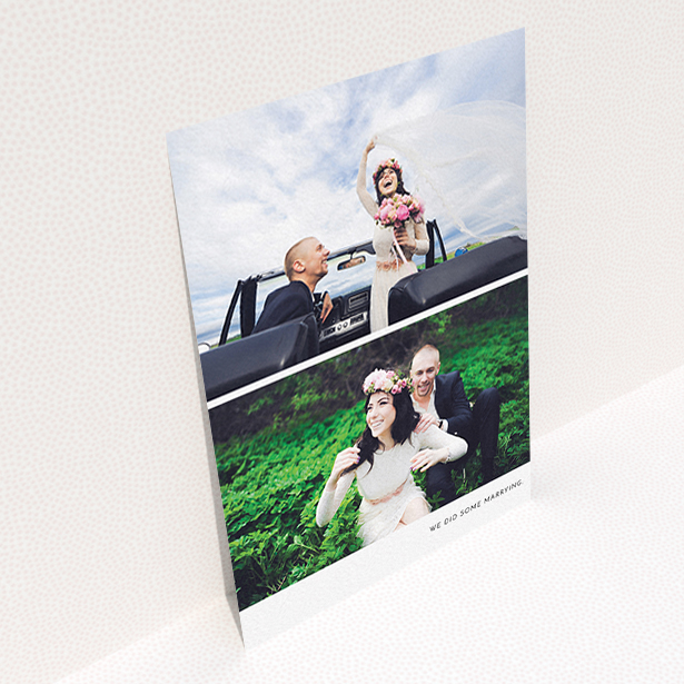 A photo wedding thank you card named "Split into two". It is an A6 card in a portrait orientation. It is a photographic photo wedding thank you card with room for 2 photos. "Split into two" is available as a flat card, with mainly white colouring.