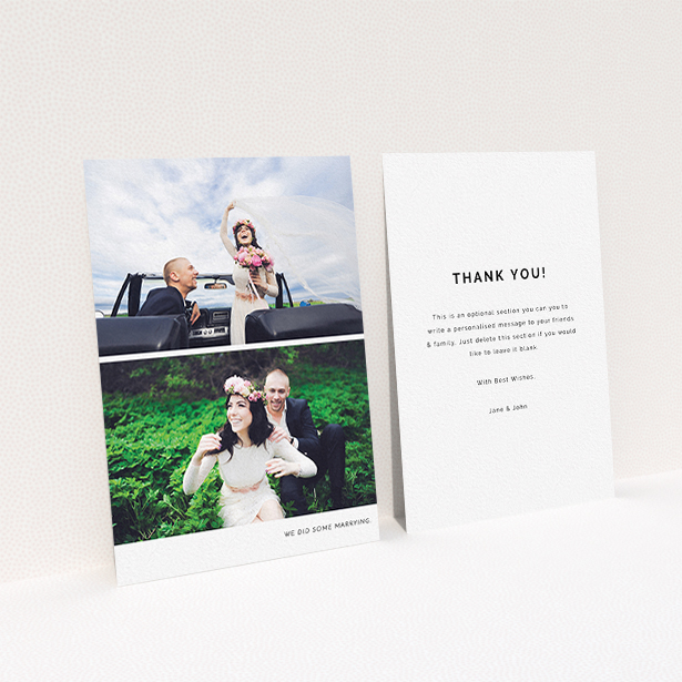 A photo wedding thank you card named "Split into two". It is an A6 card in a portrait orientation. It is a photographic photo wedding thank you card with room for 2 photos. "Split into two" is available as a flat card, with mainly white colouring.