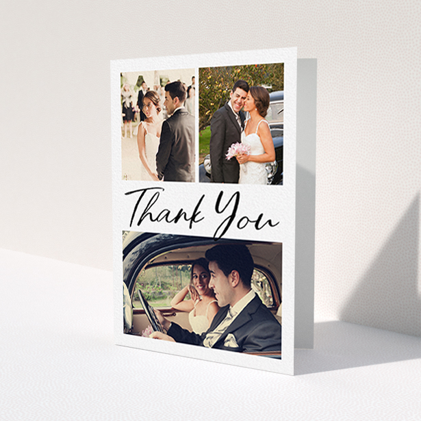 A photo wedding thank you card design named 'Thank You On Top'. It is an A6 card in a portrait orientation. It is a photographic photo wedding thank you card with room for 3 photos. 'Thank You On Top' is available as a folded card, with mainly white colouring.