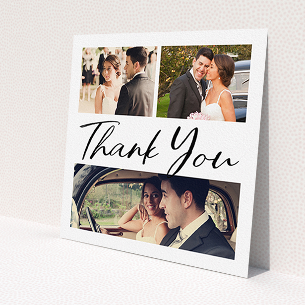 A photo wedding thank you card design named 'Thank You On Top'. It is a square (148mm x 148mm) card in a square orientation. It is a photographic photo wedding thank you card with room for 3 photos. 'Thank You On Top' is available as a flat card, with mainly white colouring.