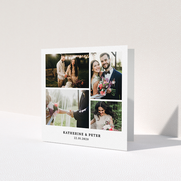 A photo wedding thank you card design called 'Thanks with Lots of Photos'. It is a square (148mm x 148mm) card in a square orientation. It is a photographic photo wedding thank you card with room for 6 photos. 'Thanks with Lots of Photos' is available as a folded card, with mainly white colouring.