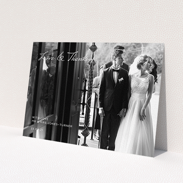 A photo wedding thank you card design titled 'To the Left Photo'. It is an A6 card in a landscape orientation. It is a photographic photo wedding thank you card with room for 1 photo. 'To the Left Photo' is available as a flat card, with mainly white colouring.