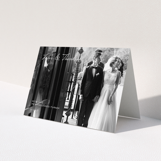 A photo wedding thank you card design named 'To the Left Photo'. It is an A6 card in a landscape orientation. It is a photographic photo wedding thank you card with room for 1 photo. 'To the Left Photo' is available as a folded card, with mainly white colouring.