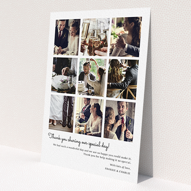 A photo wedding thank you card design titled 'Too Many Good Memories'. It is an A6 card in a portrait orientation. It is a photographic photo wedding thank you card with room for 9 photos 'Too Many Good Memories' is available as a flat card, with mainly white colouring.