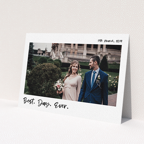 A photo wedding thank you card design named 'Top and Bottom Thanks'. It is an A6 card in a landscape orientation. It is a photographic photo wedding thank you card with room for 1 photo. 'Top and Bottom Thanks' is available as a flat card, with mainly white colouring.
