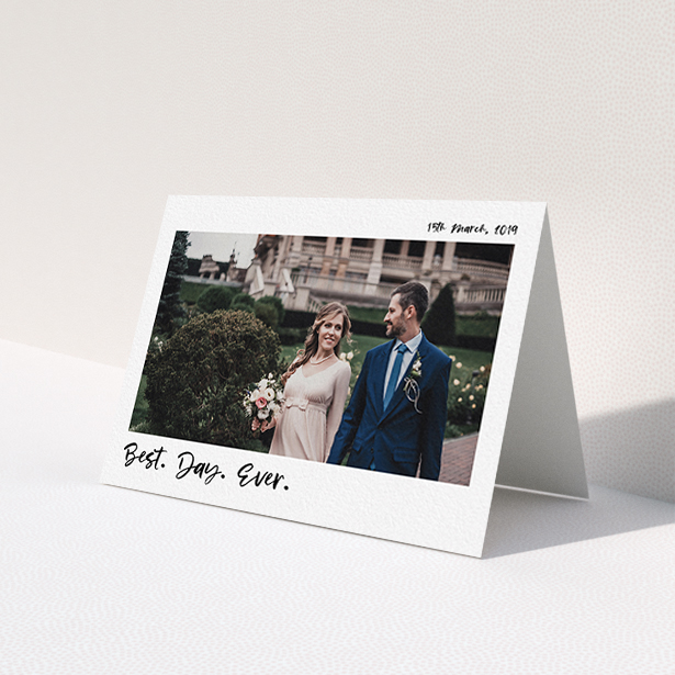 A photo wedding thank you card called 'Top and Bottom Thanks'. It is an A6 card in a landscape orientation. It is a photographic photo wedding thank you card with room for 1 photo. 'Top and Bottom Thanks' is available as a folded card, with mainly white colouring.
