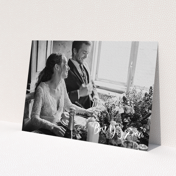 A photo wedding thank you card template titled 'Truly It Was'. It is an A6 card in a landscape orientation. It is a photographic photo wedding thank you card with room for 1 photo. 'Truly It Was' is available as a flat card, with mainly white colouring.