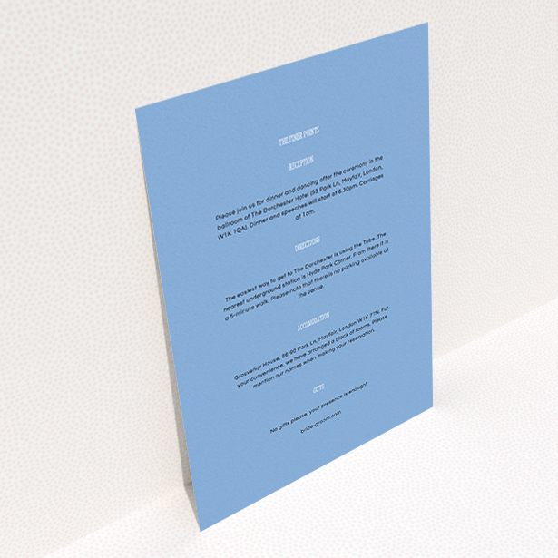 A wedding info sheet called "Bold border". It is an A6 card in a portrait orientation. "Bold border" is available as a flat card, with mainly light blue colouring.