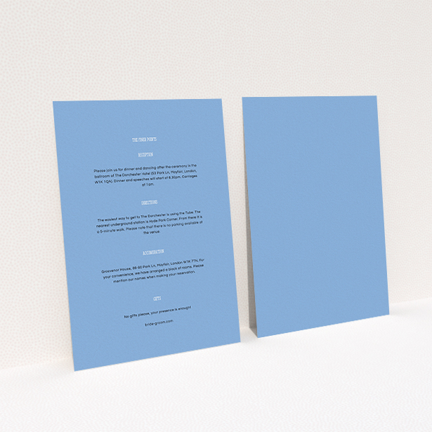 A wedding info sheet called "Bold border". It is an A6 card in a portrait orientation. "Bold border" is available as a flat card, with mainly light blue colouring.